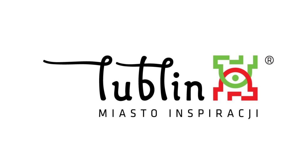Stylizowane logo Lublina z sylwetą LCK i napisem „Lublin Miasto Inspiracji” w kolorze niebieskim.