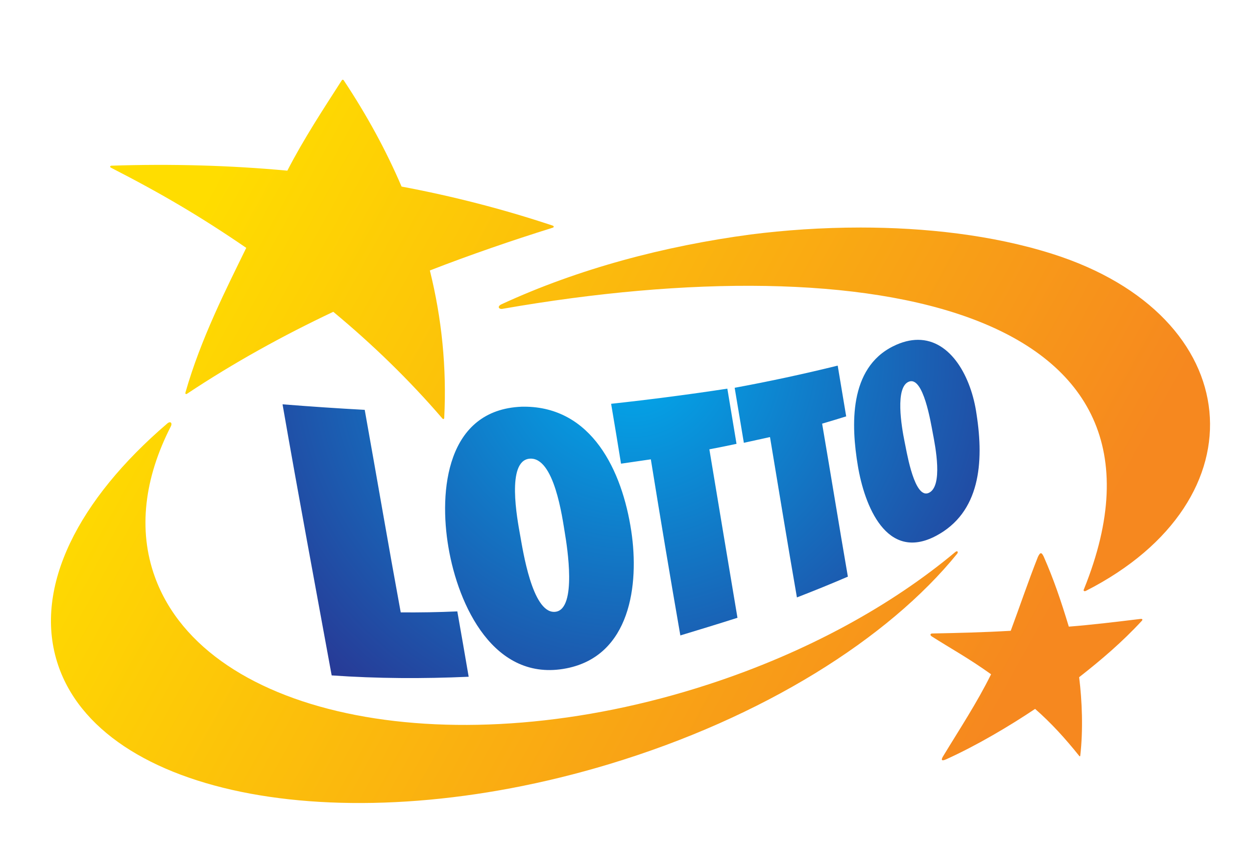 Logo Lotto: niebieski napis z łukiem i gwiazdami, symbolizujący energię i emocje gry.