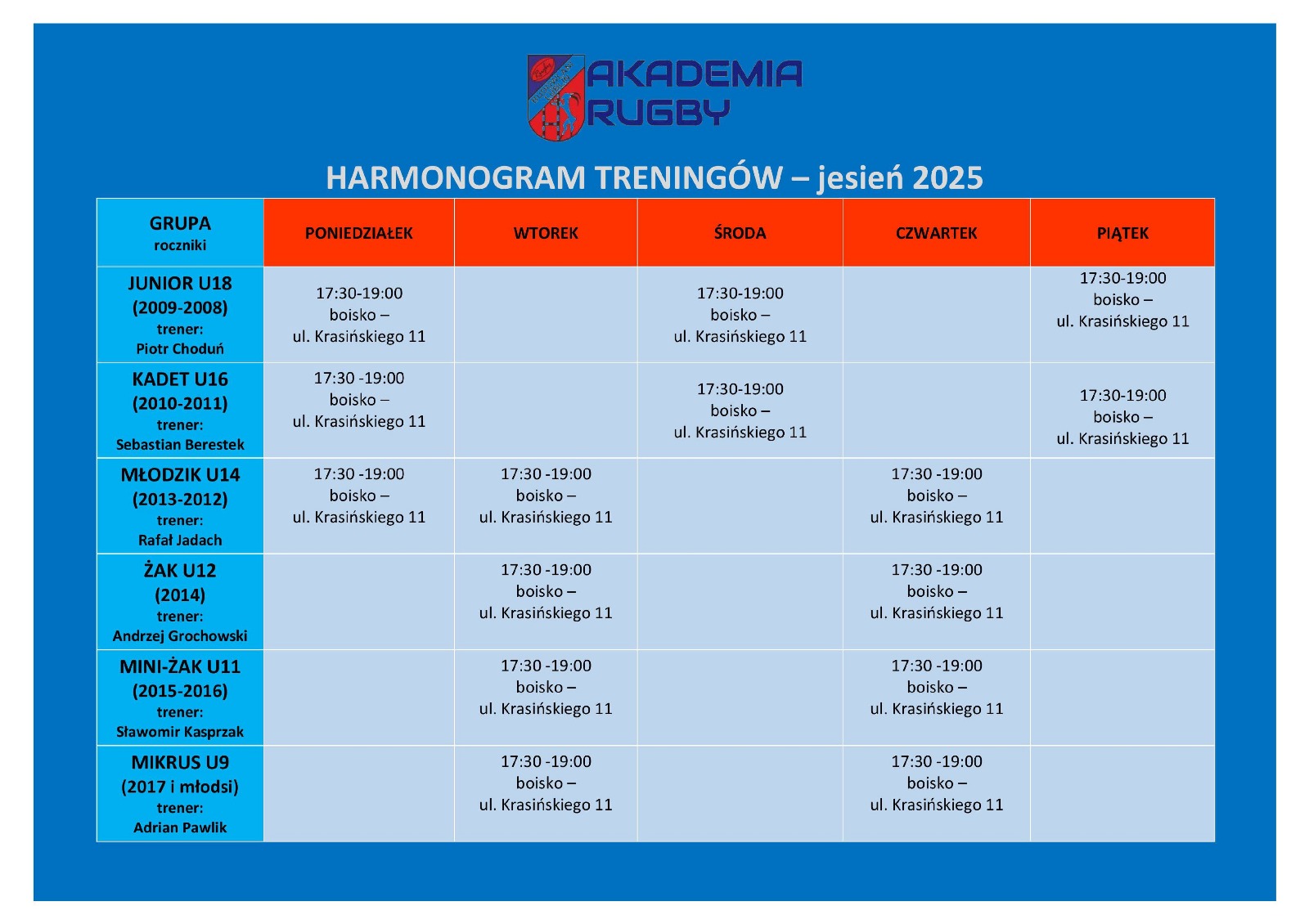 Terminarz Treningów Akademia Rugby 2025 EDACH Budowlani Lublin